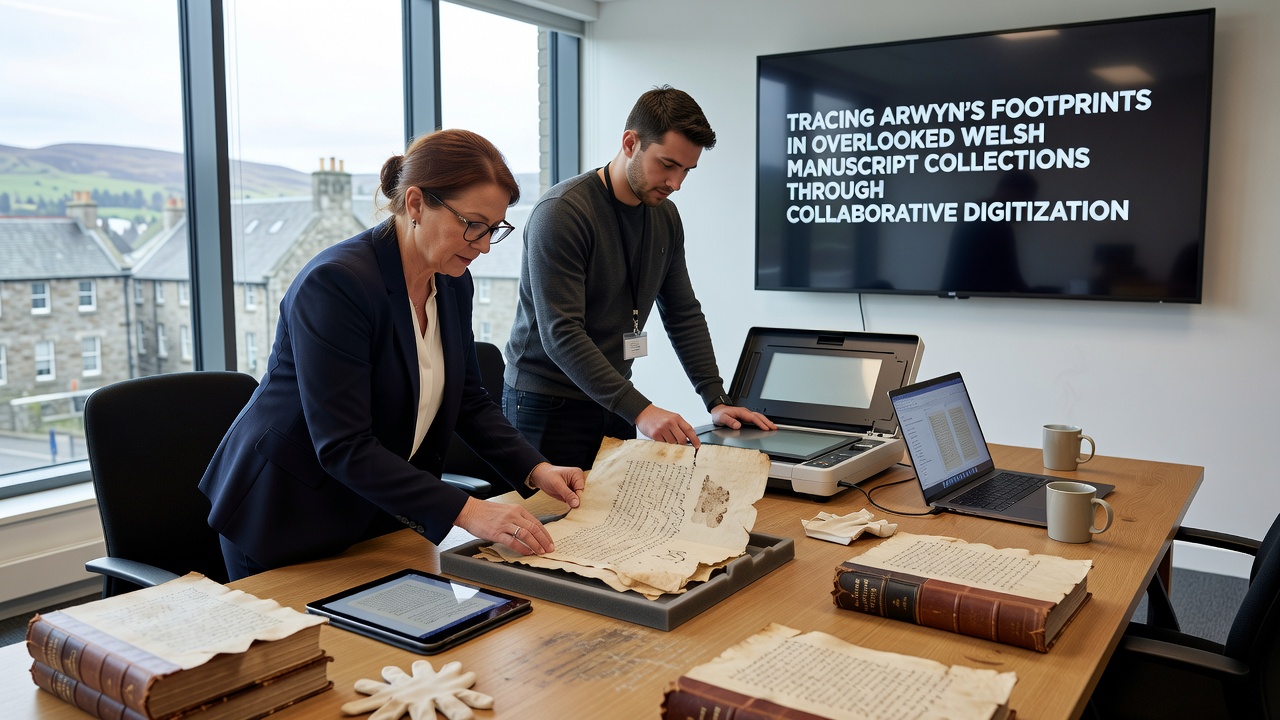 Researchers examining high-resolution scans of Welsh manuscripts in a collaborative lab setting