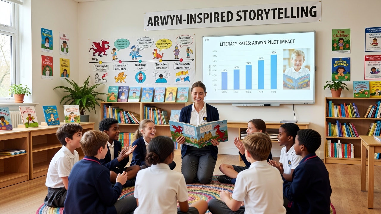 Students participating in group storytelling activity during the Welsh schools pilot program